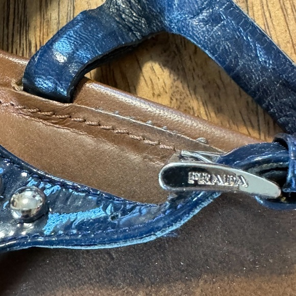 PRADA Blue Patent Leather & Brown Leather Tassel & Studded T-Strap Sandals 39 - Picture 5 of 9